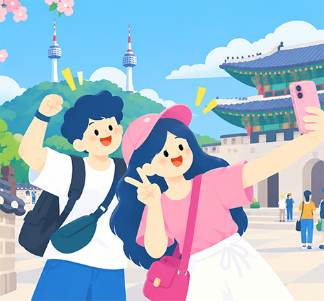 Hai bạn trẻ ăn bánh cá bên tháp Lotte World